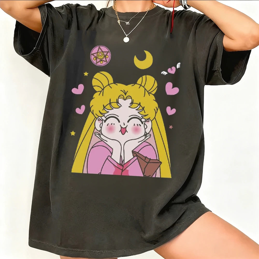 Sailor Moon Retro 90s Anime Graphic T Shirt Summer Cotton Men Women Tee Streetwear Casual Trend Short Sleeve Couple Hip Hop Top