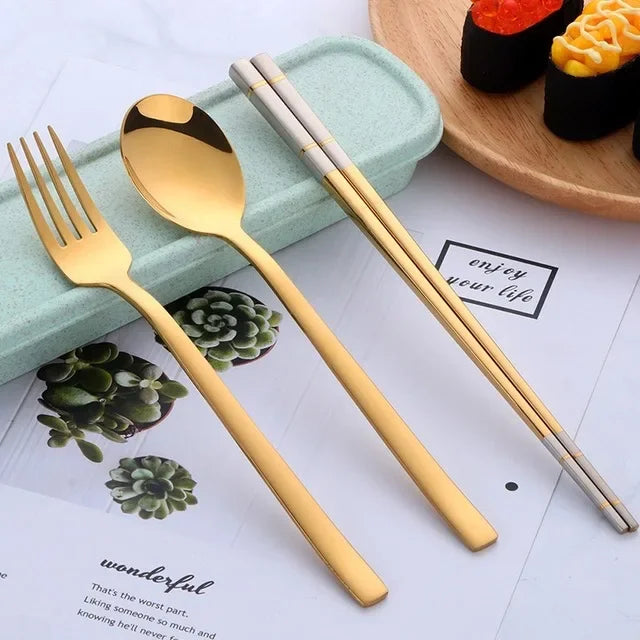 Portable Dinner Set With Box Stainless Steel Chopstick Spoon Fork Set Travel Cutlery Kids For School Outdoor Picnic