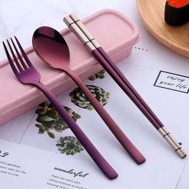 Portable Dinner Set With Box Stainless Steel Chopstick Spoon Fork Set Travel Cutlery Kids For School Outdoor Picnic